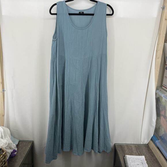 Tulip Size S Gauze Midi Dress Sleeveless Pockets Blue Scoop Neck Solid Cotton - Picture 2 of 9